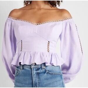 Express Off Shoulder Cropped Ruched Balloon Sleeve Peasant Top Lilac Size XL